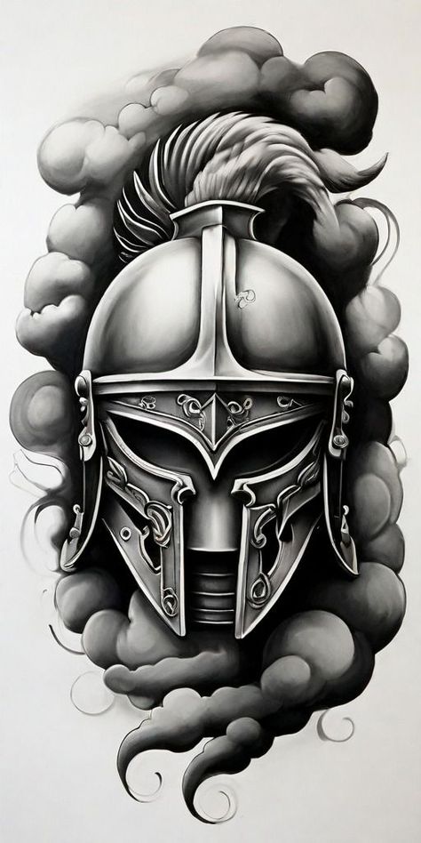 Spartan Helmet Tattoo Design, Greek Helmet Tattoo, Gladiator Helmet Tattoo, Roman Helmet Tattoo, Warrior Helmet Tattoo, Roman Mythology Tattoo, Roman Tattoo Design, Roman Warrior Tattoo, Helmet Tattoo Design