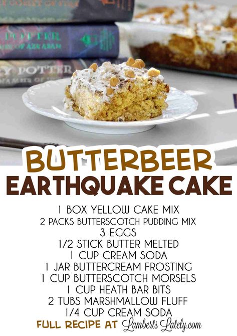 This Butterbeer Earthquake Cake recipe is inspired by the famous drink in the Harry Potter Books (and at Universal Studios Orlando) and is such an easy way to enjoy the butterscotch/marshmallow flavors at home! Butterbeer Cake Recipe, Marshmallow Flavors, Butterscotch Marshmallow, Earthquake Cake Recipe, Butterbeer Cake, Earthquake Cake Recipes, Quick And Easy Sweet Treats, Butterbeer Recipe, Cake Portions