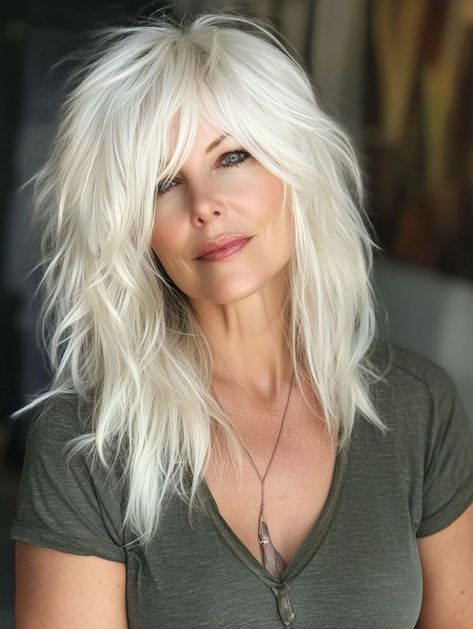 Platinum Hair With Dark Lowlights, Long Silver Hair With Bangs, Platinum Ice Blonde Hair, Blonde Highlight Ideas, Platinum Blonde Hair Ideas, Rocker Hair, Highlight Ideas, Long White Hair, Haircuts For Medium Length Hair