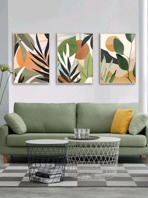 Double Painting Ideas, Multiple Canvas Painting Ideas Simple, Boho Painting Ideas On Canvas, 4 Canvas Painting Ideas, Boho Acrylic Painting, 3 Canvas Painting Ideas, Rolled Magazine Art, Boho Art Painting, Green Couch