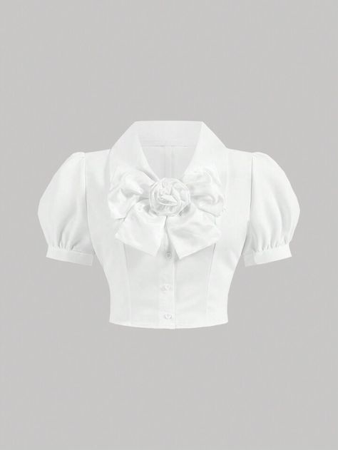 SHEIN MOD Plus Romantic Summer Short Sleeve Blouse Featuring 3D Bow Detail Bow And Oversized Rose Flower Bubble Sleeves With Waist Cinching Design,White Shirt | SHEIN USA Character Board, Romantic Summer, Fantasy Clothing, Plus Size Blouses, Soft Girl, Kids Beachwear, Cinched Waist, Bow Detail, Short Sleeve Blouse