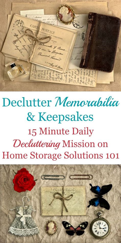 How to declutter memorabilia and keepsakes, including how to deal with the emotions of sentimental clutter and strategies to use when getting rid of some of these items {on Home Storage Solutions 101} Home Organization Declutter, Memorabilia Storage, Sentimental Clutter, Clutter Help, Clutter Solutions, Decluttering Inspiration, Declutter Home, Easy Cleaning Hacks, Paper Clutter