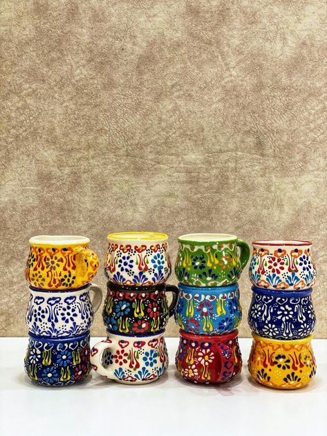 Turkish pottery, often referred to as "Turkish ceramics" or "Turkish tiles," is a traditional and highly decorative form of ceramic art with a rich history dating back to ancient times.#turkishpottery Turkish Mug, Colorful Ceramic Mugs, Turkish Pottery, Espresso Mug, Turkish Tiles, Hippie Homes, Mexican Ceramics, Gadgets Kitchen Cooking, Pottery Painting Designs