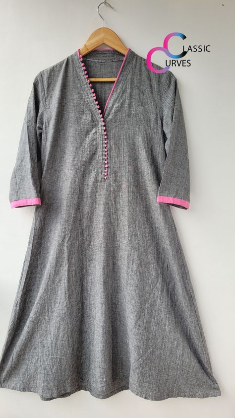 A line Kurta With potli buttons Potli Button Neck Designs Kurti, Potli Button Neck Designs, V Neck Kurti Design, Stitching Styles, Potli Button, Kurti Pattern, Neck Lines, New Kurti Designs, New Kurti