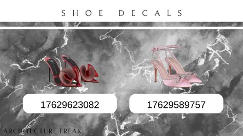 shoe decals for bloxburg #decal #bloxburg #bloxburgbuilds #bloxburgcommunity #bloxburgcodes #bloxburghome Closet Decals, Coquette Apartment, Shoe Codes, Bloxburg Kitchen Decals Codes, Apartment Bloxburg, Bloxburg Closet, Decals For Bloxburg, Roblox Decor, Bloxburg Castle