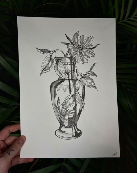 Flowerpot Tattoo Design, Back Of Leg Vase Tattoo, Vase With Leaves Tattoo, Flowers In A Pot Tattoo, Dragon Vase Tattoo, Back Vase Tattoo, Glass Vase Tattoo, Flowers Vase Tattoo, Clay Pot Tattoo