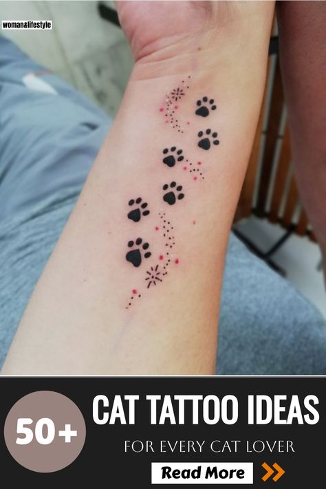 Delicate cat paw print tattoo for a minimalist yet meaningful design. Cat Arm Tattoo, Unique Cat Memorial Tattoos, Memorial Cat Paw Print Tattoo, Paw Print Tattoo Cat, Tattoo Ideas Cat Paw, Black Cat Minimalist Tattoo, Cat Tattoos For Women, Dainty Cat Tattoo, Fine Line Cat Tattoo