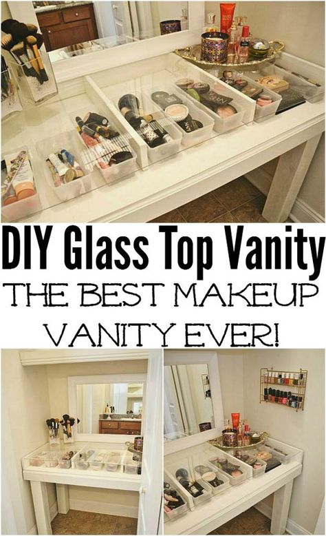 DIY Makeup Organizing Ideas - Glass Top Makeup Vanity - Projects for Makeup Drawer, Box, Storage, Jars and Wall Displays - Cheap Dollar Tree Ideas with Cardboard and Shoebox - Wood Organizers, Tray and Travel Carriers http://diyprojectsforteens.com/diy-makeup-organizing Diy Vanity Table, Vanity With Drawers, Diy Makeup Organizer, Glass Top Vanity, Make Up Diy, Diy Makeup Vanity, Diy Makeup Storage, Makeup Drawer Organization, Makeup Organization Diy