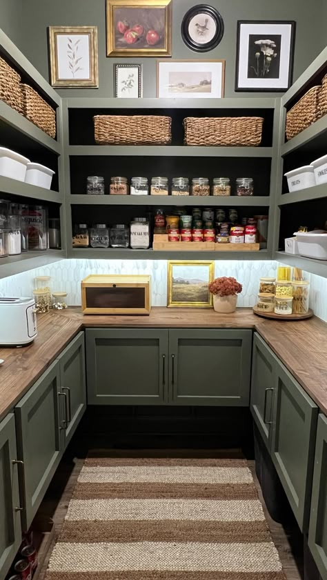 Favorite DIY project so far! We have big plans for more DIYs this year! But I will forever love this one the most! Follow me on @shop.ltk… | Instagram Butcher Block Pantry Counter, L Shape Butlers Pantry, Big Pantry Ideas, Dark Green Pantry, Green Butlers Pantry, Butcher Pantry, Large Pantry Design, Farmhouse Pantry Design, Small Butlers Pantry Ideas