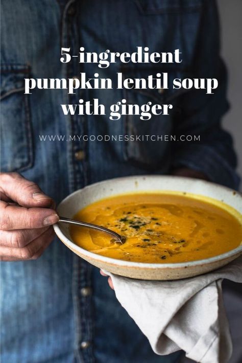 Grab your pumpkins and get to the kitche. Ready in around 20-minutes, this 5-ingredient pumpkin lentil soup with ginger is a quick and delicious spiced bowl ready in 5 easy steps | www.mygoodnesskitchen.com | #pumpkinsoup #5ingredients #soup Pumpkin Lentil Soup, Pumpkin Lentil, Ginger Soup, Vegan Soups, Gluten Free Pumpkin, Nutritious Snacks, Vegan Soup, Easy Soups, Pumpkin Soup