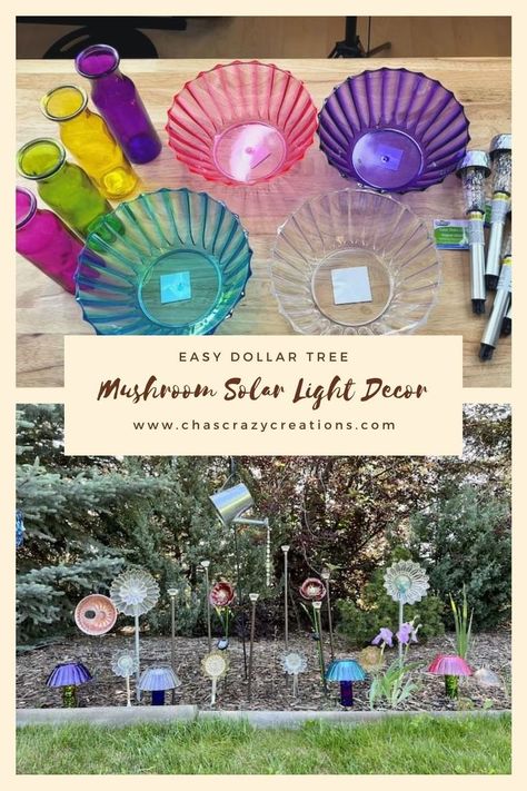 Do you want to make a DIY mushroom for your yard or garden? Look no further! With just a few items from the dollar store, you can create one that glows. Diy Mushroom, Solar Light Crafts, Tree Mushrooms, Mushroom Crafts, Garden Mushrooms, Diy Lawn, Mushroom Lights, Light Decor, Lawn Lights