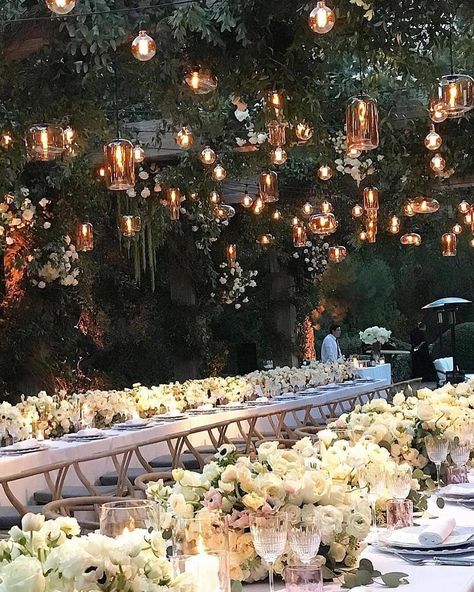 Wedding Decor Inspiration on Instagram: “Dinner goals amongst the trees and 💫 twinkle lights ✨ l Event Designer: @iconiceventstudios l Florist: @marksgarden @nancy_kaye l…” Enchanted Forest Wedding Decorations, Magical Garden Wedding, Forest Wedding Decorations, Forest Wedding Reception, Indoor Garden Wedding, Enchanted Garden Wedding, Garden Wedding Reception, Garden Theme Wedding, Metal Pergola