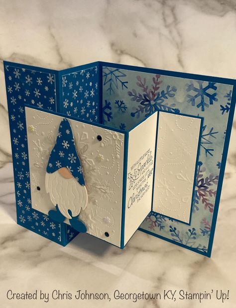 Su Celebrate The Miracle, Gnomes Cards Ideas, Gnome Card Ideas, Fancy Fold Christmas Cards, Special Fold Cards, Hand Made Christmas Cards, Handmade Christmas Cards Ideas Creative, Stampin Up Gnomes, Z Fold Cards Ideas