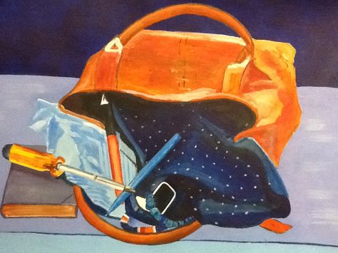 Handbag and contents Chiaroscuro Still Life, Symbolic Objects, Bag Still Life, Art Personal Investigation, Daily Objects, Textiles Ideas, Still Life Ideas, Personal Investigation, Objects Art