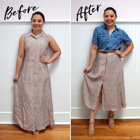 Dress Into Skirt, Diy Midi Skirt, Upcycle Dress, Refashion Dress, Upcycle Clothes Diy, Make Your Own Clothes, Altering Clothes, Fashion Revolution, Fashion Sewing Pattern