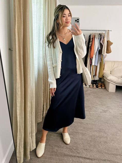 Cozy Chic: 10 Cardigan Dress Outfit Ideas You'll Love - Magic of Clothes How To Wear Cardigans With Dresses, Cardigan Over Maxi Dress, How To Style A Cardigan With A Dress, Midi Dress With Cardigan Outfit, Long Dress With Cardigan Outfit, Cropped Cardigan With Dress, Cardigan With Dress Outfit, Cardigan Over Dress Outfit, Knee Length Dress Outfit