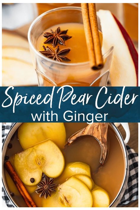 Pear Cider is an awesome fall drink. This Spiced Pear Cider recipe is a blend of pear juice, apple cider, ginger liqueur, and plenty of spice! It's an alcoholic drink, but you can make a non-alcoholic version too. Warm, delicious, and perfect for the holidays! Pear Cider Recipe, Pear Drinks, Ginger Pear, Pear Cider, Ginger Liqueur, Fall Drink, Cider Recipe, Drink Recipes Nonalcoholic, Spiced Pear