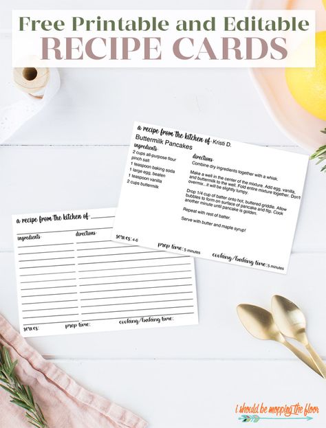 Free Printable Editable Recipe Card in Two Design Options | Includes complete video tutorial. Free Templates Printable Editable Recipe Cards, Recipe Templates Free, Recipe Cards Printable Free, Mopping The Floor, Kitchen Witch Recipes, Spring Recipe, Recipe Cards Template, Recipe Template, Menu Book