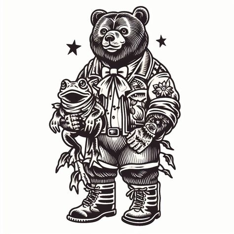 american traditional tattoo of a bear dressed up as a frog for halloween, blank white background, outline only, 4K image quality Bear Tattoos Traditional, Black White American Traditional Tattoo, Funny Bear Tattoo, Old School Bear Tattoo, Smokey The Bear Tattoo, Bear Traditional Tattoo, American Traditional Bear Tattoo, American Traditional Bear, Papa Bear Tattoo