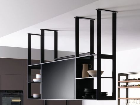 Ceiling-Hung kitchen unit with shelving CEILING-HUNG SYSTEM by Valcucine Suspended Shelves, Unit Kitchen, System Kitchen, Ceiling Shelves, Kitchen Unit, Bathroom Design Layout, Metal Shelving Units, Kitchen Hanging, Suspended Ceiling