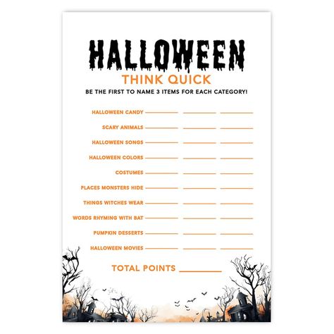 PRICES MAY VARY. RAPID-FIRE HALLOWEEN FUN: Our set of 24 Halloween Think Quick game cards promises fast-paced excitement as players race to name three items for each category. Ideal for lively Halloween parties, classroom parties, themed baby showers, bridal showers, and beyond. PLENTY TO GO AROUND: Each order includes 6 perforated cardstock sheets, with 4 game cards on each sheet, providing a total of 24 cards. Ensure everyone can join in on the high-energy fun. QUALITY MEETS CREATIVITY: These Halloween Birthday Party Games, Spooky Haunted House, Spooky Games, Fun Halloween Games, Scramble Game, Halloween Songs, Fun Indoor Activities, Quick Games, Halloween Games For Kids