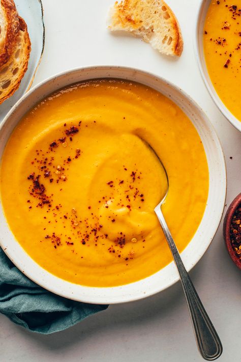 Vegan Carrot Recipes, Easy Carrot Recipes, Oven Roasted Eggplant, Vegan Carrot Soup, Creamy Carrot Soup, Curried Butternut Squash Soup, Coconut Milk Soup, Sauteed Greens, Minimalist Baker