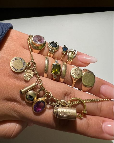 alisha and her jewels 🦚 | Heavy on the jewelry rotation 🦚🌀🧚🏽‍♀️ #jewelrycollection #solidgold #goldjewelry #personalcollection #pc #vintage #antique #portugal… | Instagram Layered Rings Gold, Rings Layering, Silver And Gold Jewelry Mixing, Layering Accessories, Ring Stack Gold, Bracelet Stack Ideas, Portugal Instagram, Heavy Jewellery, Uncut Gems