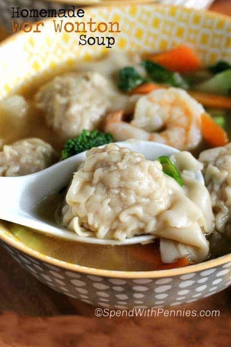 Homemade Wor Won Ton Soup - Spend With Pennies Wor Won Ton Soup Recipe, Won Ton Recipes, Wor Wonton Soup Recipe, Won Ton Soup Recipe, Wor Wonton Soup, Chicken Wonton Soup, Won Ton Soup, Wonton Soup Recipe, Won Ton