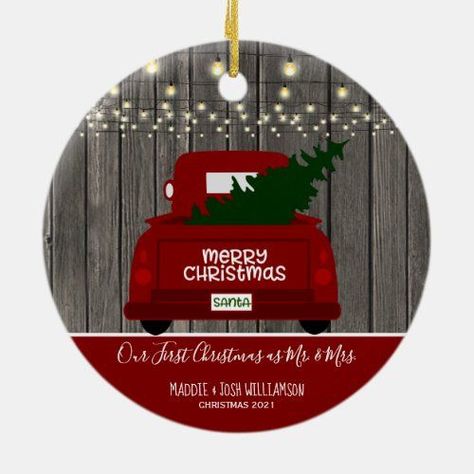 $19.40 | Our First Christmas as Mr. & Mrs. Vintage Truck Ce #vintageredtruck #christmastree #rustic #woodbackground #christmasornament #retro #gift #stringlights #mr.andmrs #firstchristmastogether Mason Jar String Lights, Vintage String Lights, Ornaments Ideas, Rustic Wood Background, Rustic Christmas Ornaments, Vintage Red Truck, Rustic Mason Jars, Rustic Ornaments, Christmas Farmhouse