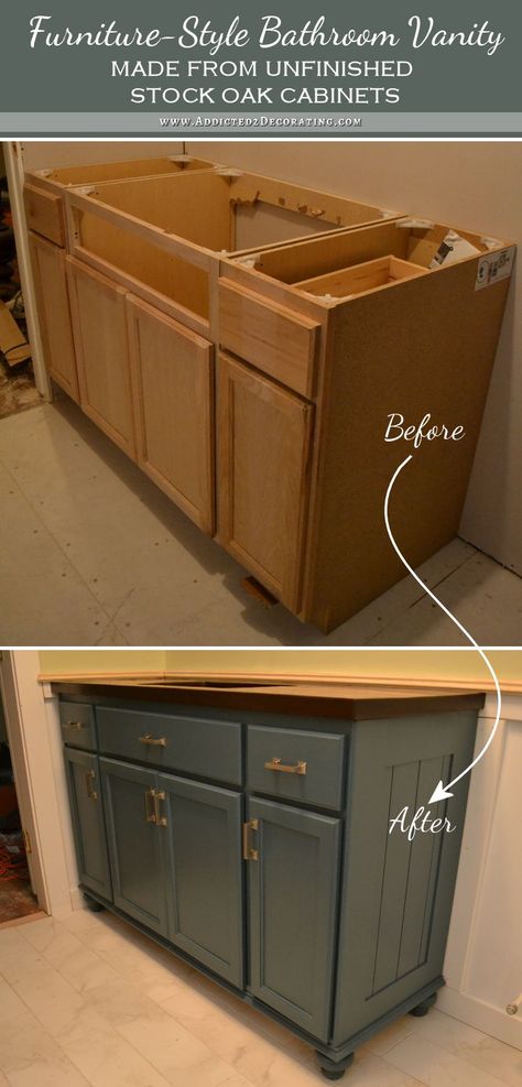 bathroom vanity before and after Teal Furniture, Rustic Bathroom Remodel, Makeover Kamar Mandi, Farmhouse Bathroom Remodel, Stock Cabinets, Diy Bathroom Remodel, Bathroom Remodel Shower, Bathroom Redo, After Pictures