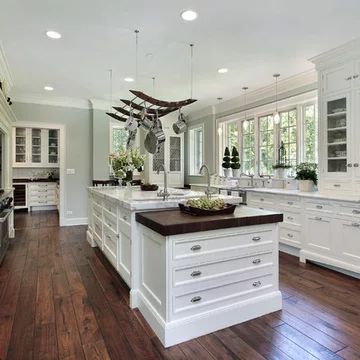 D'zign - Photos & Ideas | Houzz Kitchen Cabinet Door Makeover, White Gold Kitchen, Sage Green Cabinets, Cabinet Door Makeover, House Ideas 2023, Hickory Floors, Aspen Grove, Hickory Flooring, Refined Rustic