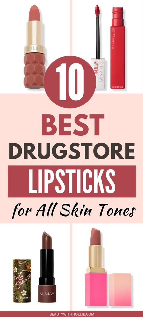 10 Best Drugstore Lipsticks for All Skin Tones Best Drugstore Lipstick 2023, Mauve Lipstick Drugstore, Spring Lipstick Colors, Olive Skin Lipstick, Dark Pink Lipstick, Best Drugstore Lipstick, Best Pink Lipstick, Best Long Lasting Lipstick, Affordable Lipstick