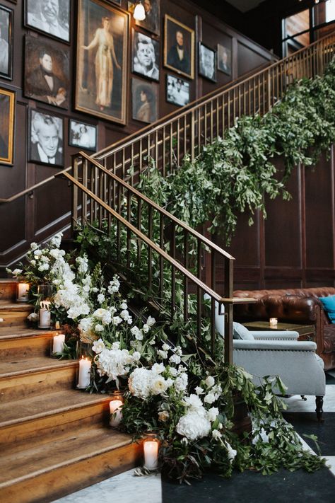 Oxford Exchange Wedding, Oxford Exchange Tampa, Lit Wedding, Wedding Staircase, Green Boutonniere, Oxford Exchange, Cottagecore Wedding, Candle Lit Wedding, Cascading Bouquet