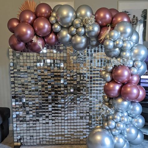 silver square sequin wall with a rose gold and silver balloon arch to the right side of it Book Decorations, Arch Balloon, Sequin Wall, Baby Shower Deco, Balloon Wall, Balloon Arch, Silver Sequin, Book Decor, Balloon Decorations