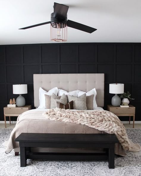 Black Walls Bedroom, Neutral Bedroom Decor, Neutral Bedrooms, Feminine Bedroom, Accent Wall Bedroom, Bedrooms Decor, Style Deco, Master Bedrooms Decor, Master Bedrooms