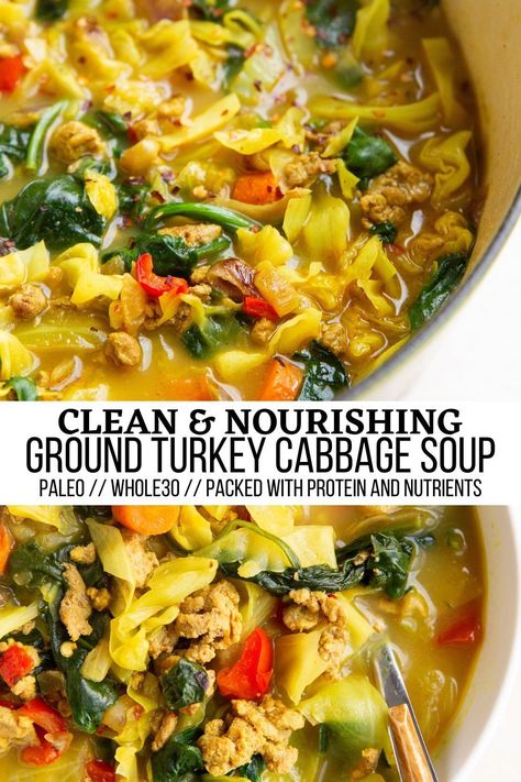 Curry Ground Turkey Cabbage Soup with fresh vegetables and an aromatic broth for a feel-good meal. This energizing detox soup recipe is a beautiful balance of protein, fiber, micronutrients and healthy fats for a healthy meal. #detox #paleo #whole30 #healthy #glutenfree #soup Curry Ground Turkey, Turkey Cabbage Soup, Ground Turkey Cabbage, Turkey Cabbage, Healthy Cabbage Soup, Healthy Detox Soup, Napa Cabbage Recipes, Ground Turkey Soup, Detox Soup Cabbage