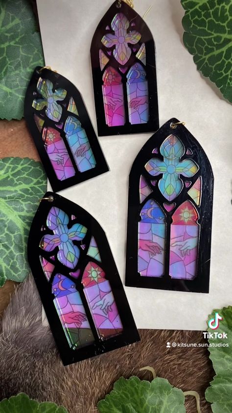 Stained glass earrings!! ♥️ So happy with how these came out #fyp #earrings #acrylicearrings Faux Stained Glass Diy Free Pattern, Gothic Stained Glass Art, Goth Stained Glass Art, Stained Glass Art Diy, Stained Glass Window Tattoo, Stained Glass Drawing, Stained Glass Gothic, Stained Glass Aesthetic, Stained Glass Craft