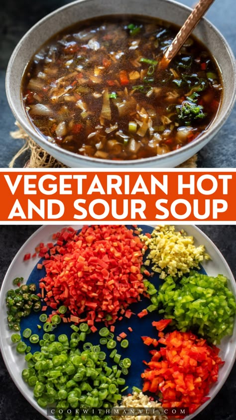 This easy vegetarian hot and sour soup is packed with tons of vegetables, lightly seasoned and makes the perfect light meal of a cold day. Vegetable Packed Soup, Vegetarian Hot And Sour Soup, Hot And Sour Soup Recipe Vegetarian, Vegan Hot And Sour Soup, Hot And Sour Soup Recipe Easy, Hot N Sour Soup, Hot And Sour Soup Recipe, Sour Soup Recipe, Hot Sour Soup