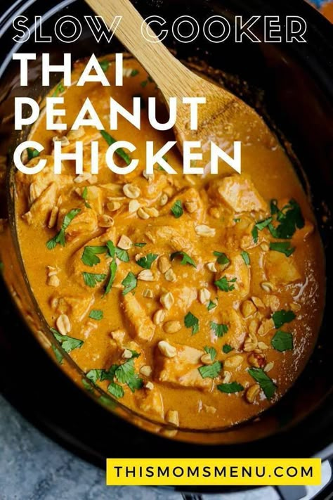 This slow cooker Thai peanut chicken is the perfect healthy weeknight supper that your entire family will love. It's also low carb and gluten free! #slowcooker #glutenfree #thaipeanut #chicken Peanut Chicken Recipe, Slow Cooker Thai, Slow Cooker Curry, Chicken Cooker, Thai Peanut Chicken, Thai Peanut, Peanut Chicken, Chicken Crockpot, Keto Soup