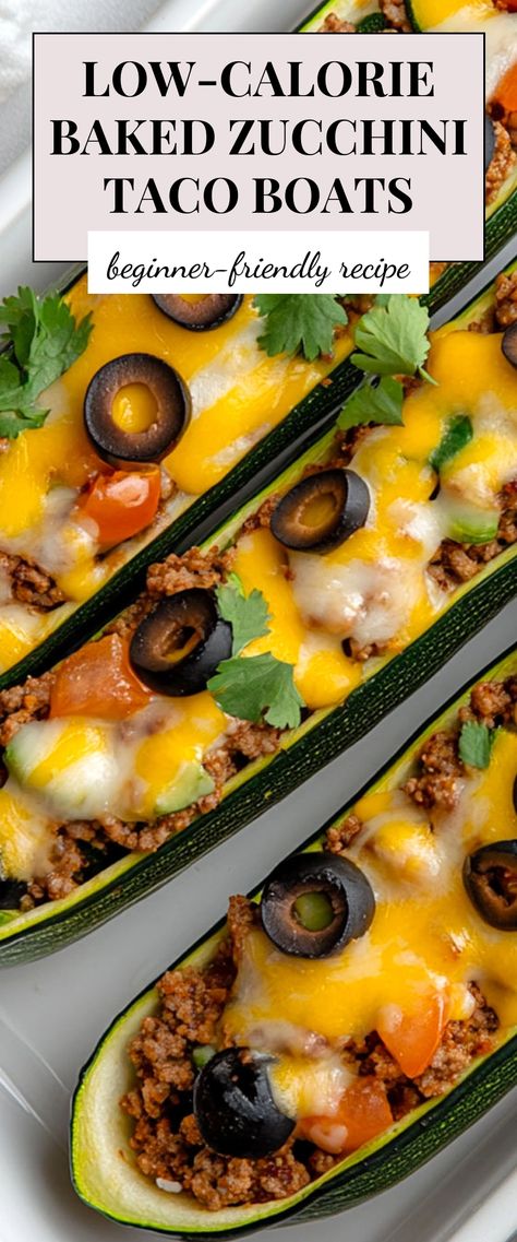 Image for Low-Calorie Baked Zucchini Taco Boats Taco Zucchini Boats, Zucchini Taco Boats, Low Cal Dinner, Low Calorie Baking, Taco Boats, Zucchini Recipes Baked, Baked Zucchini, Bake Zucchini, Zucchini Boats