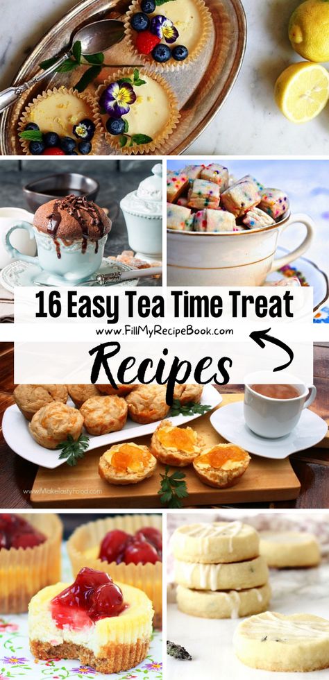 Here we share a few tea time treat recipes and ideas to create that are easy such as a chocolate mug cake, and cheese scones, and filled tartlets with lemon curd and decorated with fruit. More to choose from.. Tea Party Breads, Chocolate Tea Desserts, Tea Time Sweets Treats, Ideas For Afternoon Tea Food, Desserts For High Tea, Tea Time Desserts Easy, Dessert For Tea Party, Chocolate Tea Party Desserts, English Tea Time Recipes