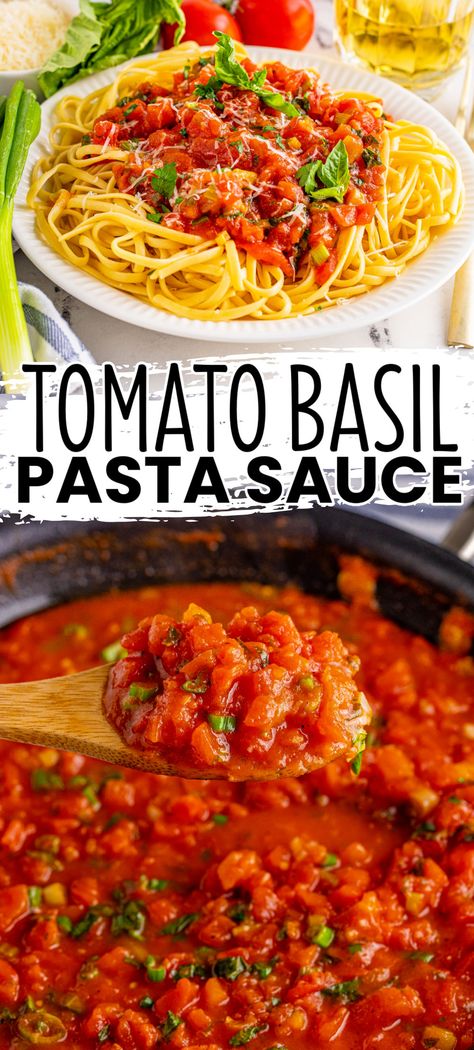 Tomato Basil Pasta Sauce will make the entire family jazzed about spaghetti night again, and this amazingly flavorful sauce is easy to make! #BreadBoozeBacon #tomato #basil #pastasauce #pasta #sauce #sidedish #easydinner #meatlessmonday #italianfood Basil Pasta Recipes, Italian Spaghetti Sauce, Spaghetti Night, Tomato Basil Pasta Sauce, Basil Pasta Sauce, Spaghetti Recipes Easy, Tomato Pasta Recipe, Pasta With Meat Sauce, Easy Pasta Sauce