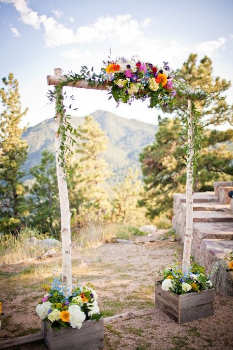 Take a look at what these birch tree branches can do for your wedding arch creation! Find the right arch, add pretty flowers or hang a few lines of bunting and fabric tassles that will catch the outdoor breeze and voila! A rustic feel is created and this look is perfectly suited to the forest surroundings. Magical! Birch Wedding Arch, Birch Wedding, Wedding Arch Rustic, Wedding Canopy, Flowers And Greenery, Wedding Arbour, Ceremony Arch, Rustic Outdoor, Floral Arch