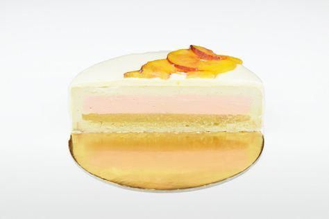 Peach Entremet, Entremet Cake Recipe, Galaxy Mirror Glaze, Honey Mousse, Entremet Cake, Peach Mousse, Mirror Glaze Cake Recipes, Glaze Cake, Mirror Glaze Cake