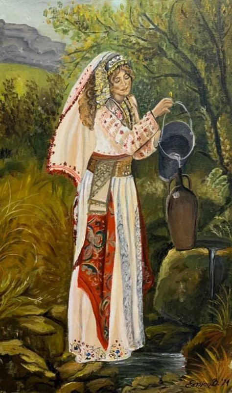 Traditional Albanian clothing from Zaranika Valley by Ermira's Art on Facebook https://www.facebook.com/snowflake.piktura Albania Clothes, Albanian Clothing, Albanian Culture, Costumes Around The World, Lord Hanuman Wallpapers, European Culture, Old Paintings, Mural Wall Art, Mural Art