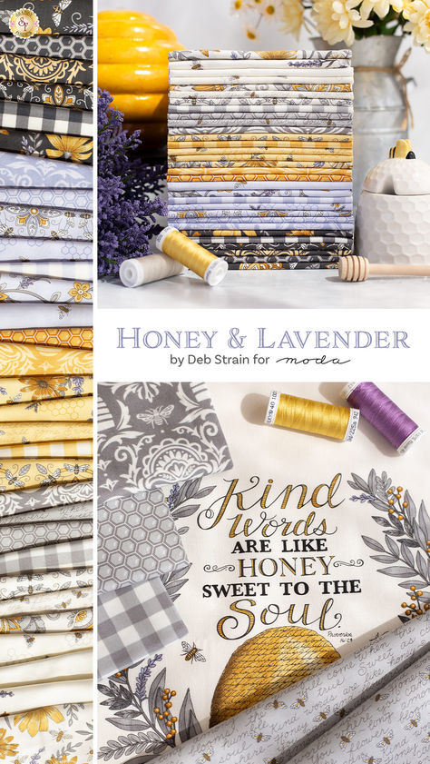 Coming Soon in November 2023! Honey & Lavender by Deb Strain for Moda Fabrics is a lovely collection to transport yourself to a dreamy garden filled with buzzing bees and fragrant lavender fields. This collection features a soft color palette of lavender, purple, and yellow, adorned with delicate floral patterns, damask motifs, and charming gingham checks. Hexagonal honeycomb prints add a whimsical touch, paying homage to the bees that work tirelessly to produce the sweet nectar of honey. Lavender Quilts, Bees And Lavender, Bees Textiles, Honey And Lavender, Beekeepers Quilt, Damask Motifs, Moda Fabric Collections, Lavender Fabric, Bee Quilt