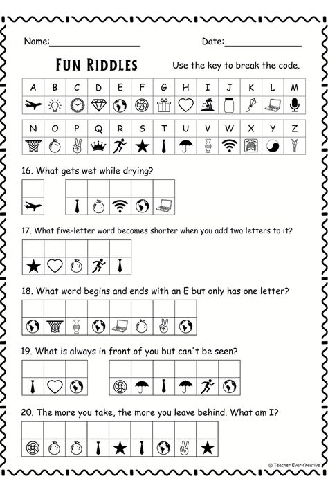 Discover an exciting way to engage kids in learning with our Free Fun Learning Printable: Fun Riddles Code Breaker! This educational activity combines the thrill of solving riddles with the challenge of breaking codes, making it perfect for keeping young minds sharp and entertained. Fun Riddles For Kids, Finish The Picture For Kids, Teaching Activities For Kids, Cryptograms For Kids Free Printable, Code Breakers For Kids, Cryptograms Free Printable, Activities For English Class Ideas, Memory Activities For Kids, English Class Activities