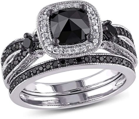 MODERN BRIDE Womens 1 1/2 CT. T.W. Color Enhanced Black & White Diamond Sterling Silver Bridal Set Black Diamond Wedding Rings Zales, Diamond And Black Diamond Engagement Ring, Black Band Engagement Ring Zales, Gothic Wedding Rings Zales, Black Diamond Engagement Ring Zales, Black Wedding Rings Score Jewelry, Black Wedding Rings Sets Zales, Black Stone Engagement Ring Zales, Blaclk Diamond Wedding Ring