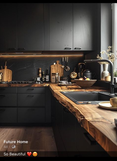 Black Home Exterior, Moody Kitchen, Scandinavian Kitchens, Interior Deisgn, Small Room Design Bedroom, Urban Kitchen, Kitchen Dinning Room, Shaker Style Kitchens, Black Kitchen Cabinets