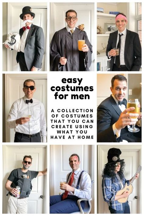 A collection of easy costume ideas for men! Many of these men’s Halloween costumes can be assembled by using things you probably have at home already. During our 3+ months of quarantine, Charles’s company hosted virtual happy hours and we thought it was funny for him to wear a different costume each week – his […] The post Easy Costume Ideas for Men appeared first on thekittchen. Easy Man Costumes, Easy Man Halloween Costumes, Make At Home Halloween Costumes, Easy Guy Costumes, At Home Halloween Costumes, Easy Mens Halloween Costumes, Costume Ideas For Men, Suit With Suspenders, Men's Halloween Costumes